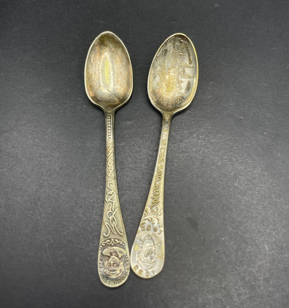 Lot 2 VTG 1893 Chicago World's Fair Souvenir Spoons Christopher Columbus Silver